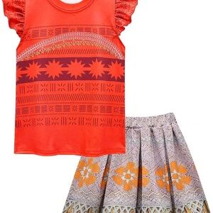 Moana Red Orange Patterned Top and Skirt Set Cosplay Costume or Outfit Disney